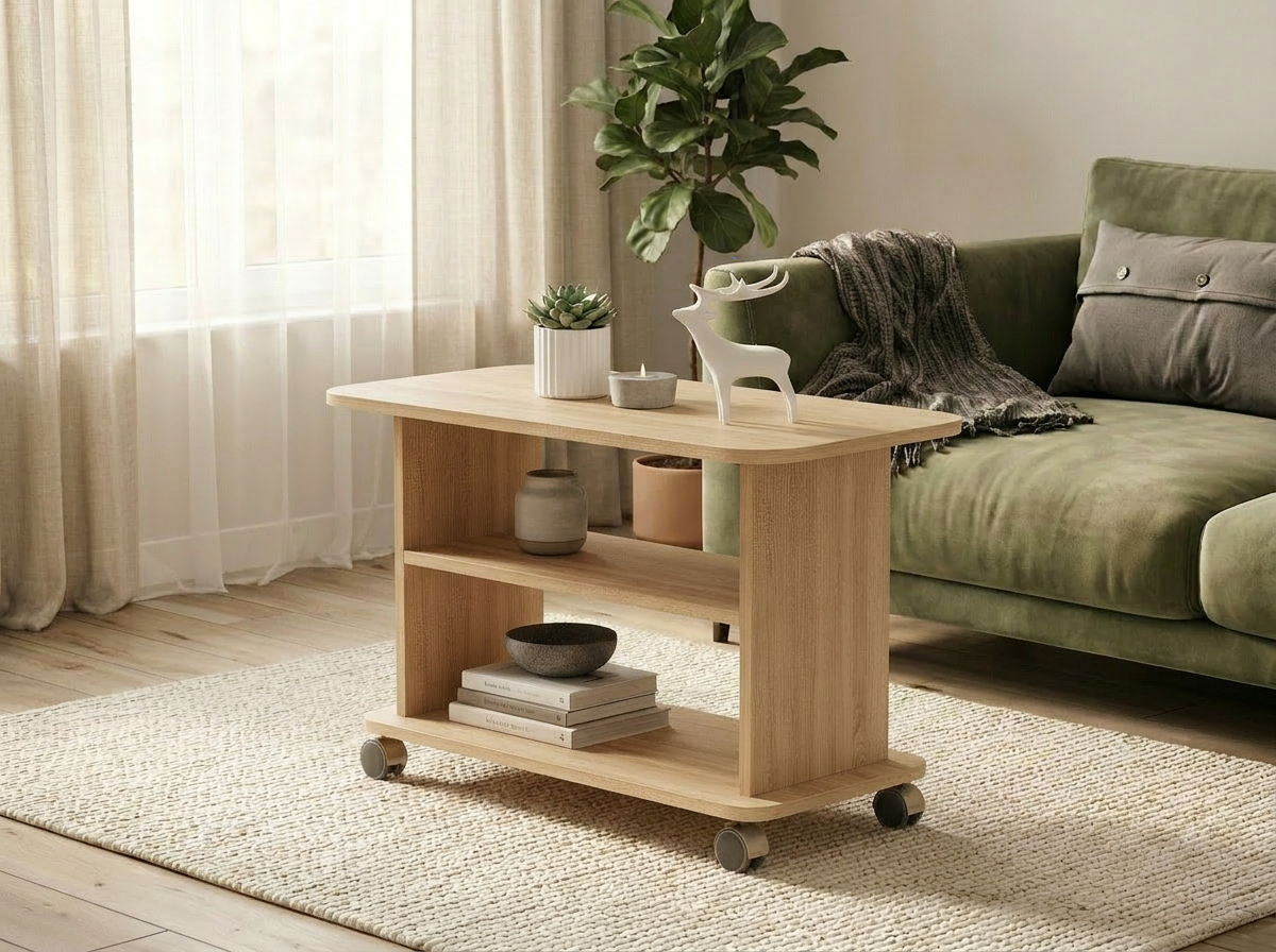 Fabrik Home Rolic Coffee Table, Sonoma Oak, 750x450x550mm, with Swivel Wheels and Magazine Storage Shelf