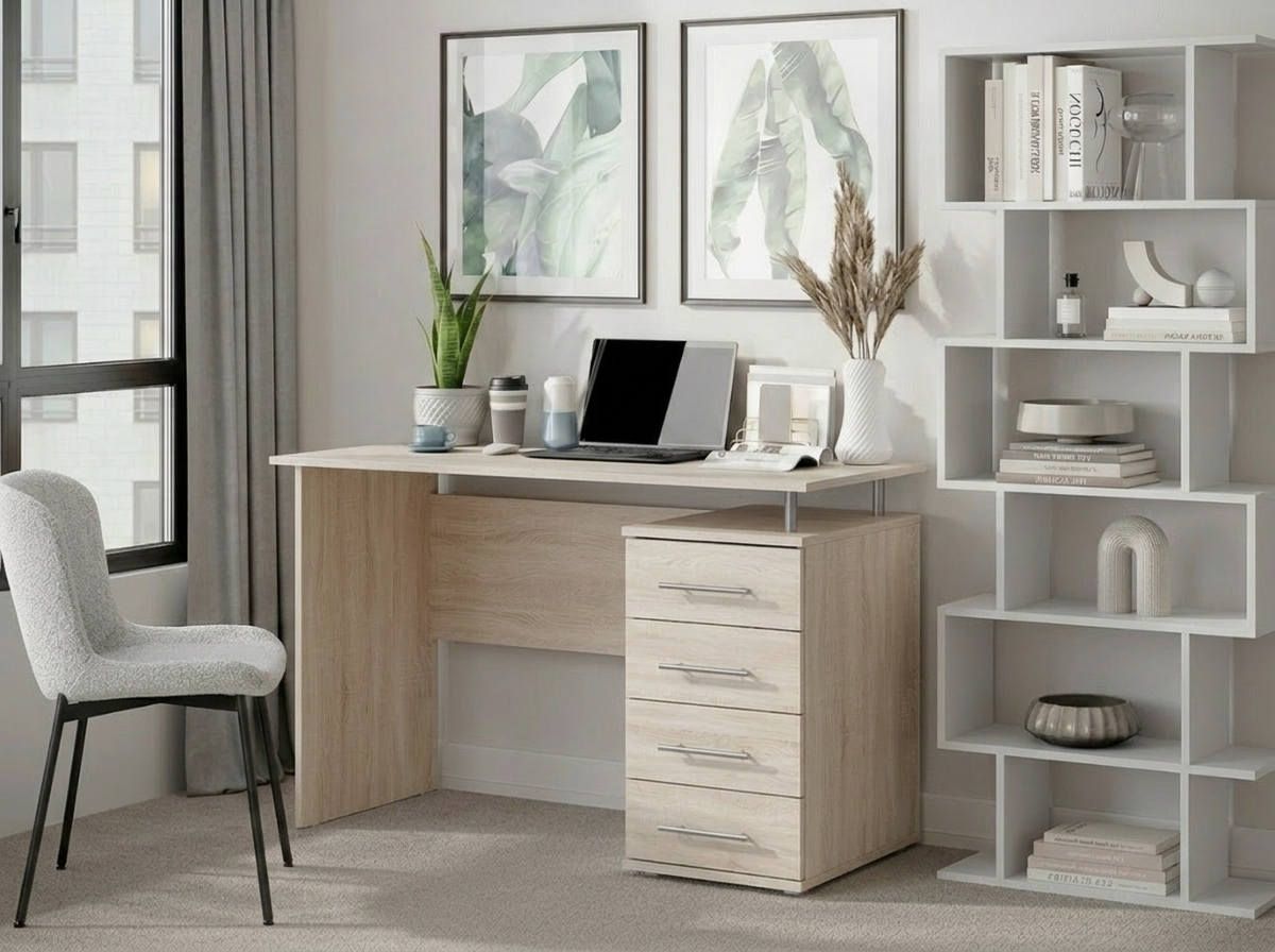 Письменный стол Fabrik Home №3, Дуб Сонома, 1200x600x750 мм, Современный дизайн со встроенным шкафом и 4 выдвижными ящиками справа