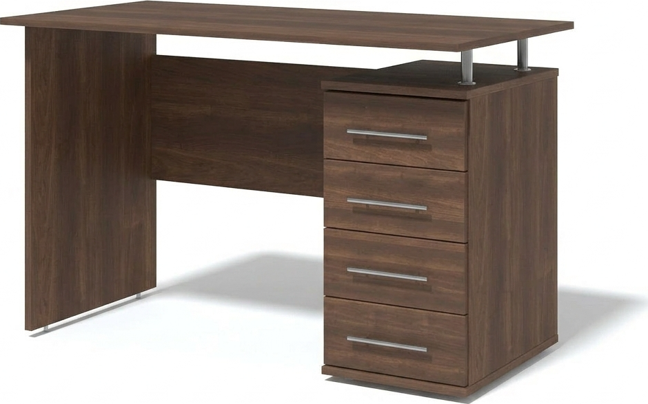 Masă de birou Fabrik Home Nr.3, Nuc inchis, 1200x600x750mm, Design Modern cu 4 Sertare pe Dreapta și Nișă de Depozitare