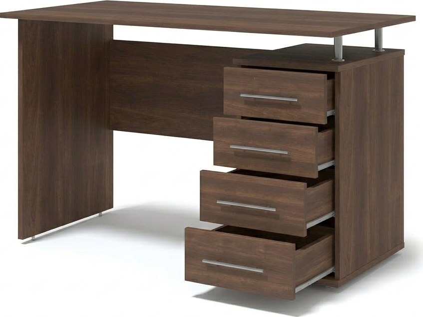 Masă de birou Fabrik Home Nr.3, Nuc inchis, 1200x600x750mm, Design Modern cu 4 Sertare pe Dreapta și Nișă de Depozitare