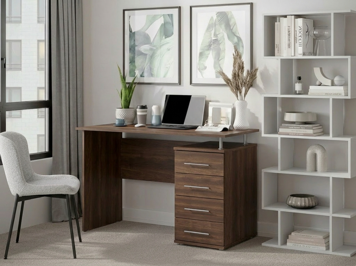 Masă de birou Fabrik Home Nr.3, Nuc inchis, 1200x600x750mm, Design Modern cu 4 Sertare pe Dreapta și Nișă de Depozitare