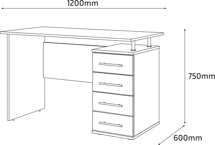 Fabrik Home Nr.3 Office Desk, White Ash, 1200x600x750 mm, 4 Right-Side Drawers with Built-in Cabinet and Niche, Modern Design