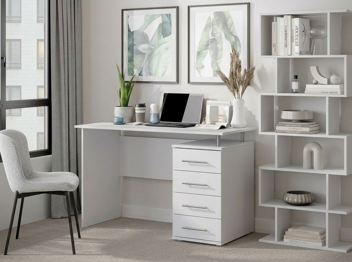 Fabrik Home Nr.3 Office Desk, White Ash, 1200x600x750 mm, 4 Right-Side Drawers with Built-in Cabinet and Niche, Modern Design