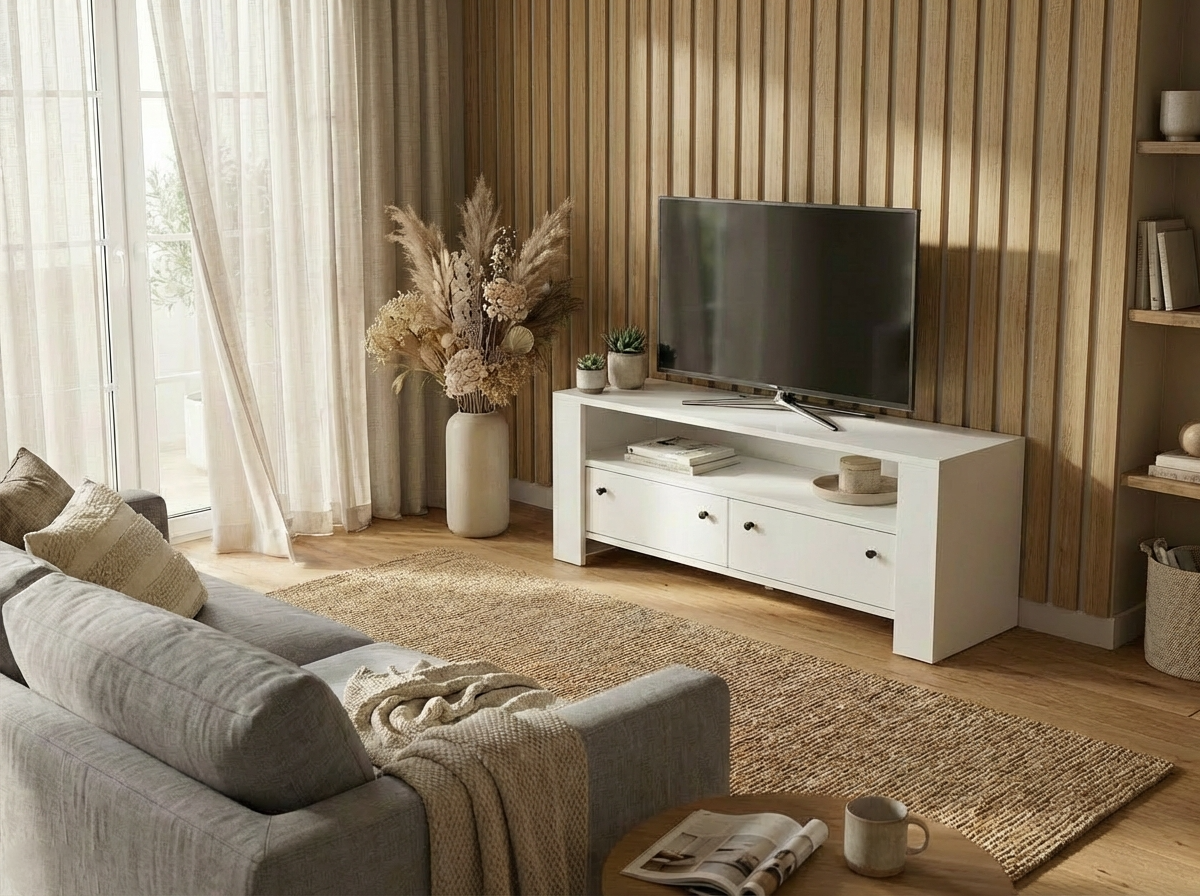 ТВ-тумба Fabrik Home Belfort, Белый ясень, Ламинированный ДСП, 120.5x42.5x50 см, 2 выдвижных ящика и 1 открытая полка, Минималистичная мебель