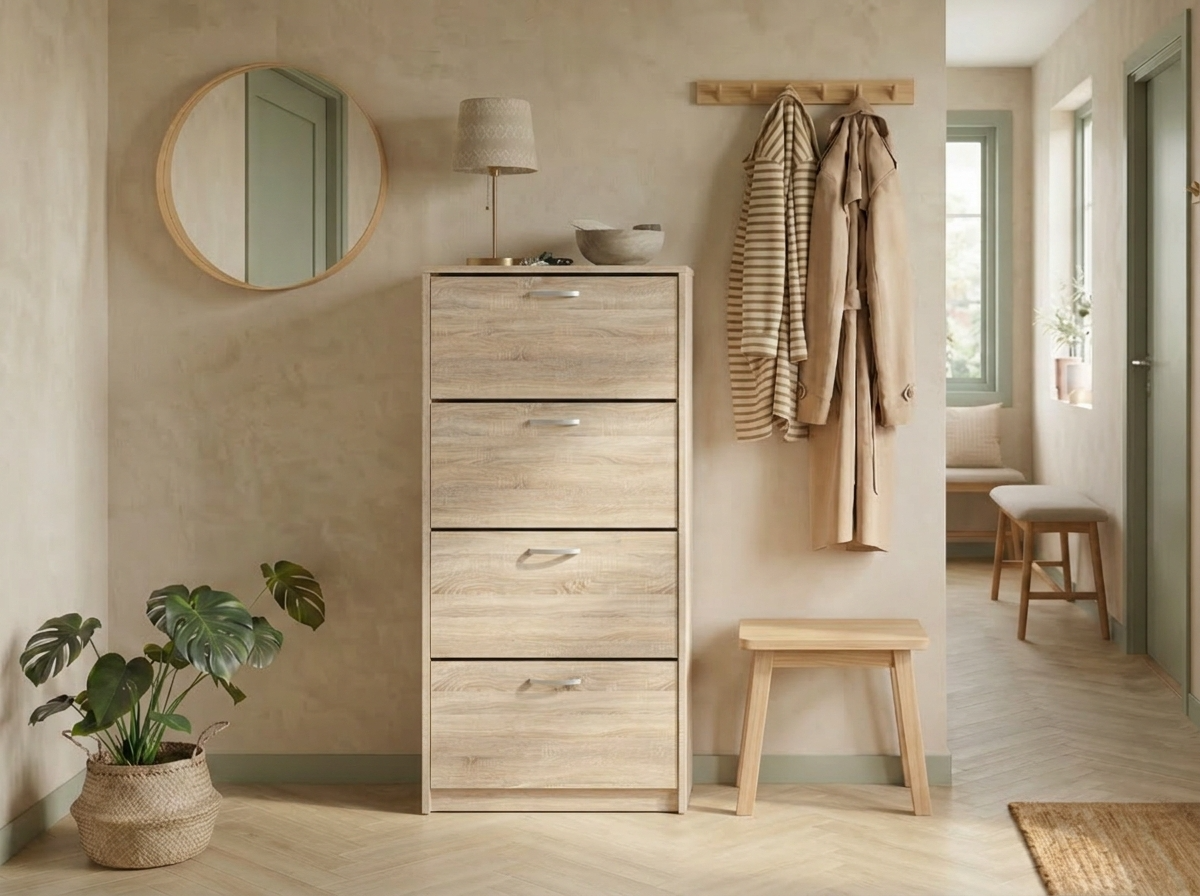 Dulap pentru încălțăminte Fabrik Home 600mm Stejar sonoma, 4 uși rabatabile, Organizator compact pentru hol, 1680x260x600mm