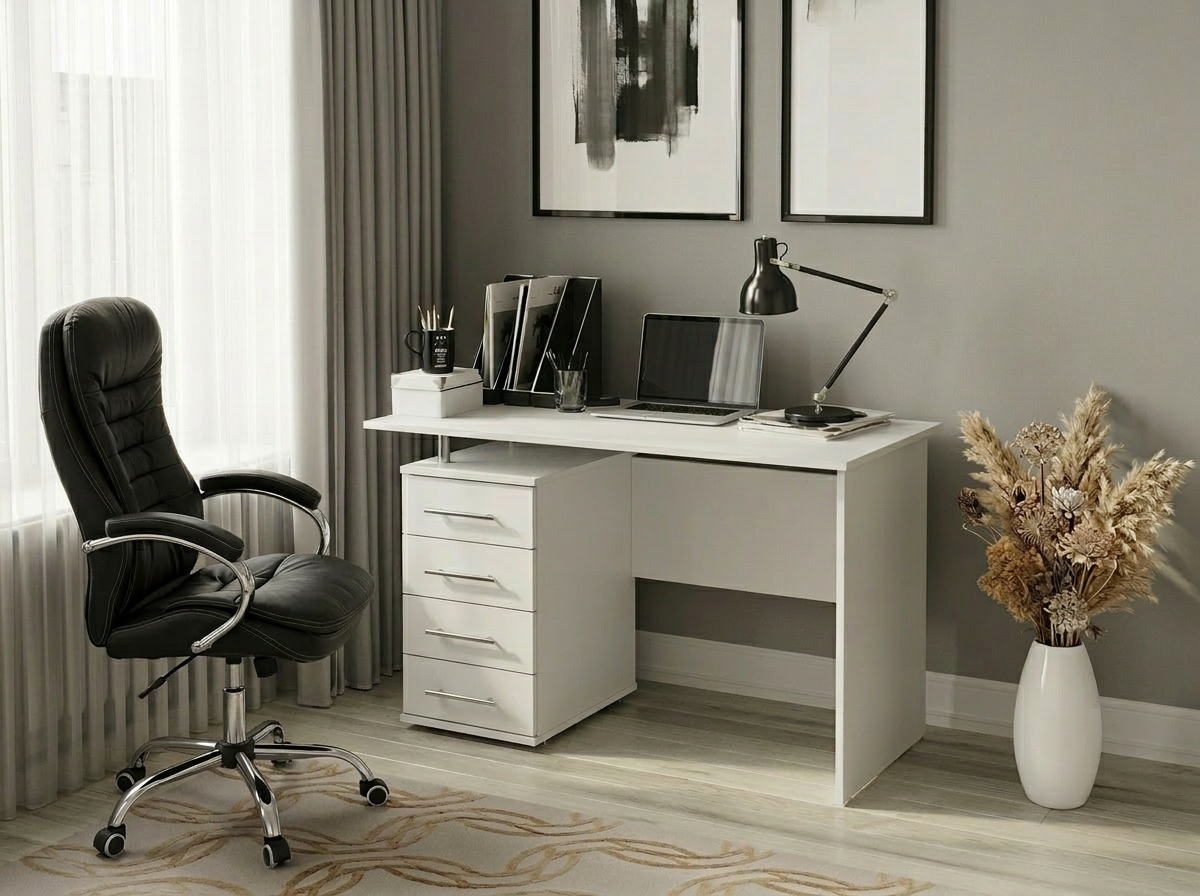 Письменный стол Fabrik Home No.3, Белый ясень, 1200x600x750мм, со встроенным шкафом и 4 ящиками слева, современный лаконичный дизайн