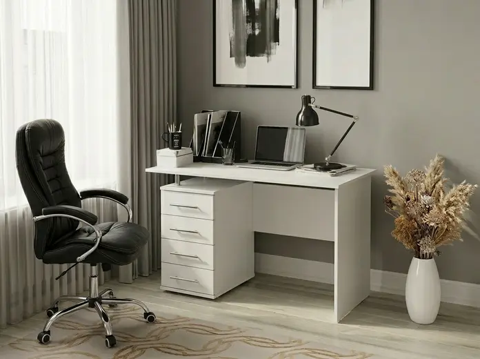 Письменный стол Fabrik Home No.3, Белый ясень, 1200x600x750мм, со встроенным шкафом и 4 ящиками слева, современный лаконичный дизайн