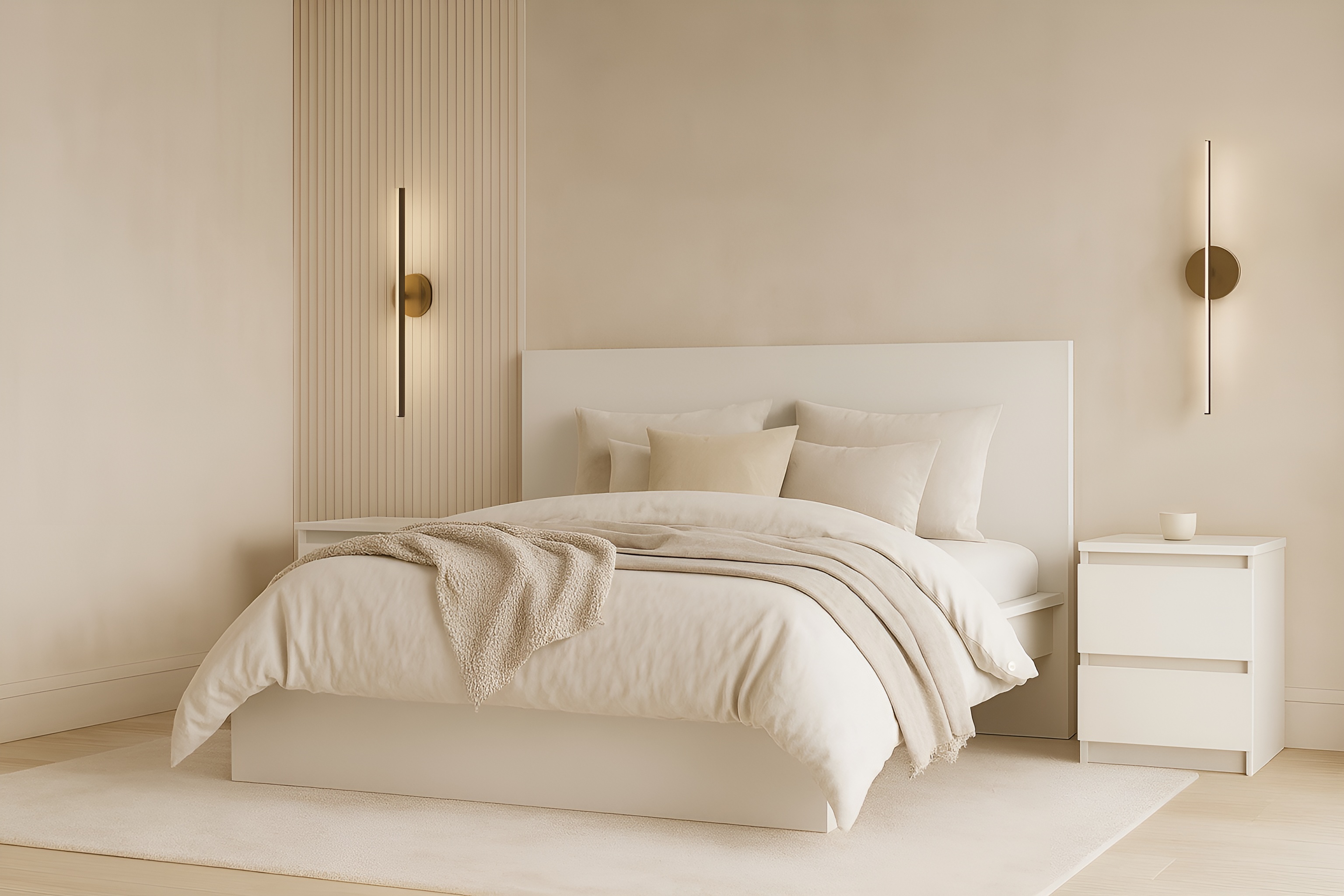 Двуспальная кровать Fabrik Home Linia Uno, ширина 1600 мм, цвет белый ясень, минималистичная платформа с изголовьем и кромкой ABS, без матраса