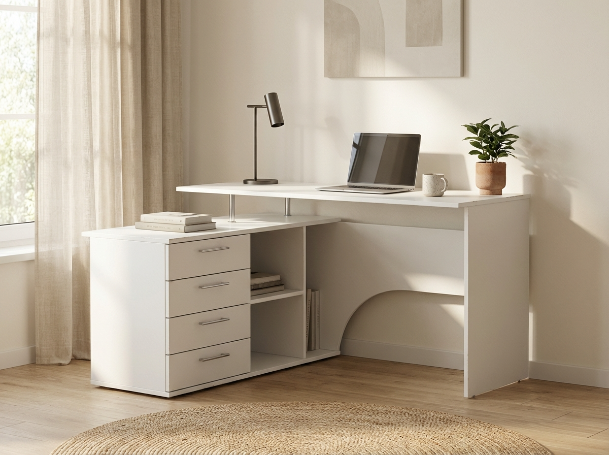 Masă de birou colț L-shaped Fabrik Home Nr.1, Frasin alb, 1400x1200mm, PAL laminat, 4 sertare și rafturi deschise, sistem de conectare RASTEX