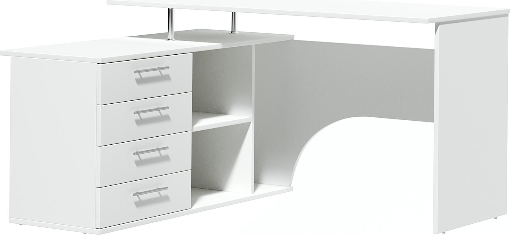 Masă de birou colț L-shaped Fabrik Home Nr.1, Frasin alb, 1400x1200mm, PAL laminat, 4 sertare și rafturi deschise, sistem de conectare RASTEX