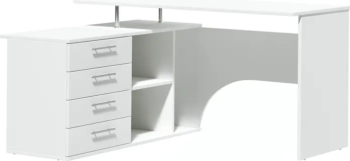 Masă de birou colț L-shaped Fabrik Home Nr.1, Frasin alb, 1400x1200mm, PAL laminat, 4 sertare și rafturi deschise, sistem de conectare RASTEX