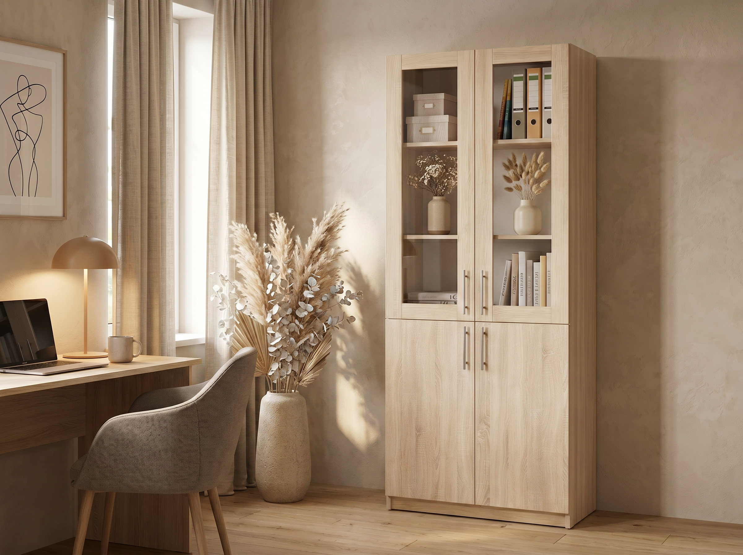 Fabrik Home Office Line No.2 Office Cabinet, Sonoma Oak, 80x200x40 cm, Laminated Chipboard PAL 18mm, Glass and Solid Doors, RASTEX System