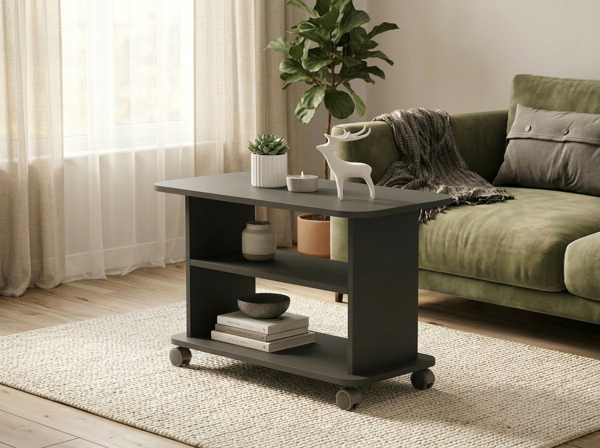 Fabrik Home Rolic Coffee Table, Anthracite, 750x450x550mm, with Swivel Wheels and Storage Shelf for Magazines