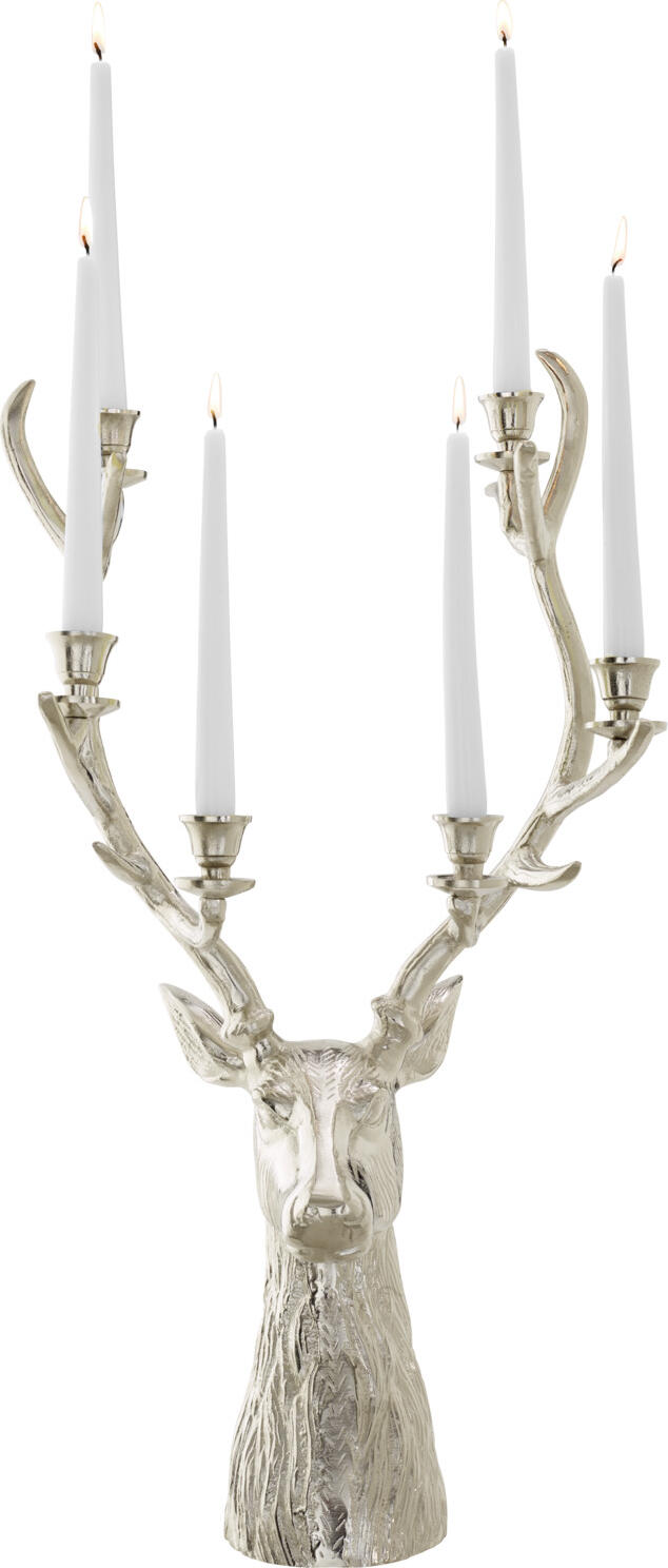 Candelabru LUSINI Henri cu cap de cerb, suport pentru 6 lumânări din aluminiu vopsit argintiu, 37x28x73 cm