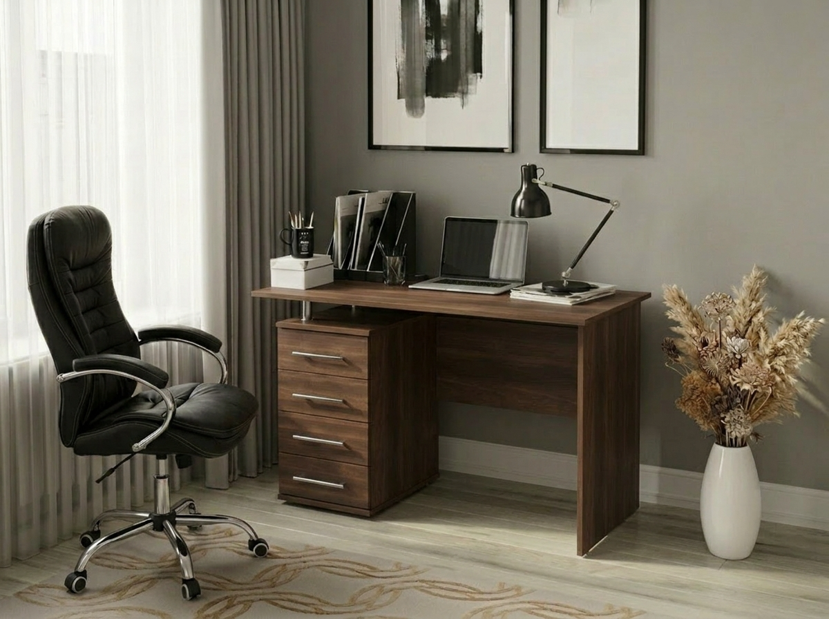 Fabrik Home Desk Nr.3, Dark Walnut, 1200x600x750 mm, Modern Office Table with Built-in Cabinet and 4 Drawers