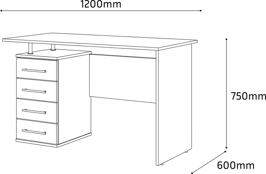 Fabrik Home Desk Nr.3, Dark Walnut, 1200x600x750 mm, Modern Office Table with Built-in Cabinet and 4 Drawers