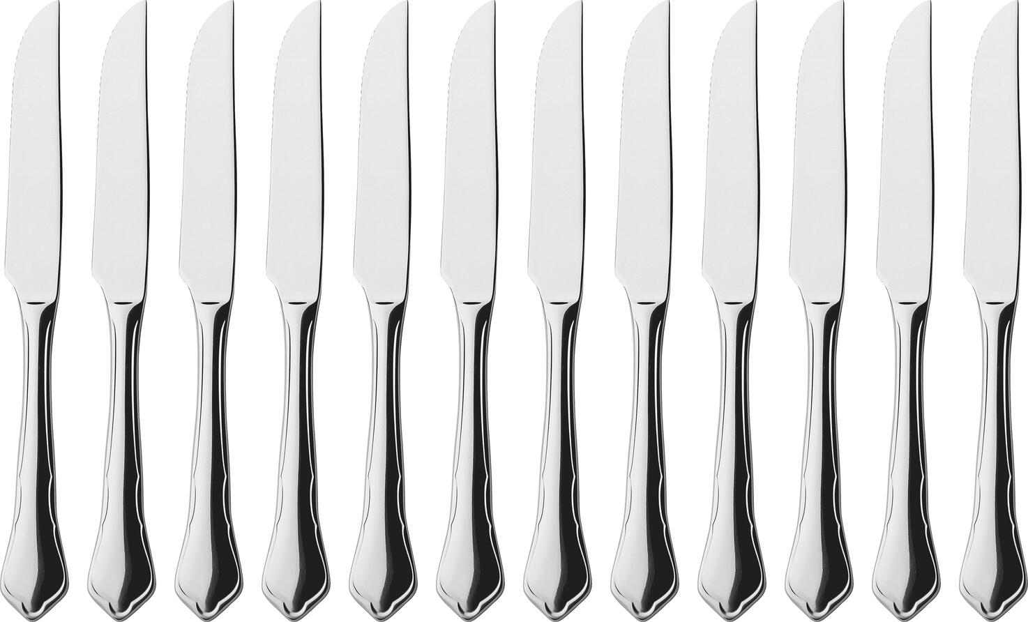 Pulsiva Malaga II Steak and Pizza Knife Set of 12, Chrome Stainless Steel 13/0, Mirror Polished, Rustproof, 22.2 cm, Silver