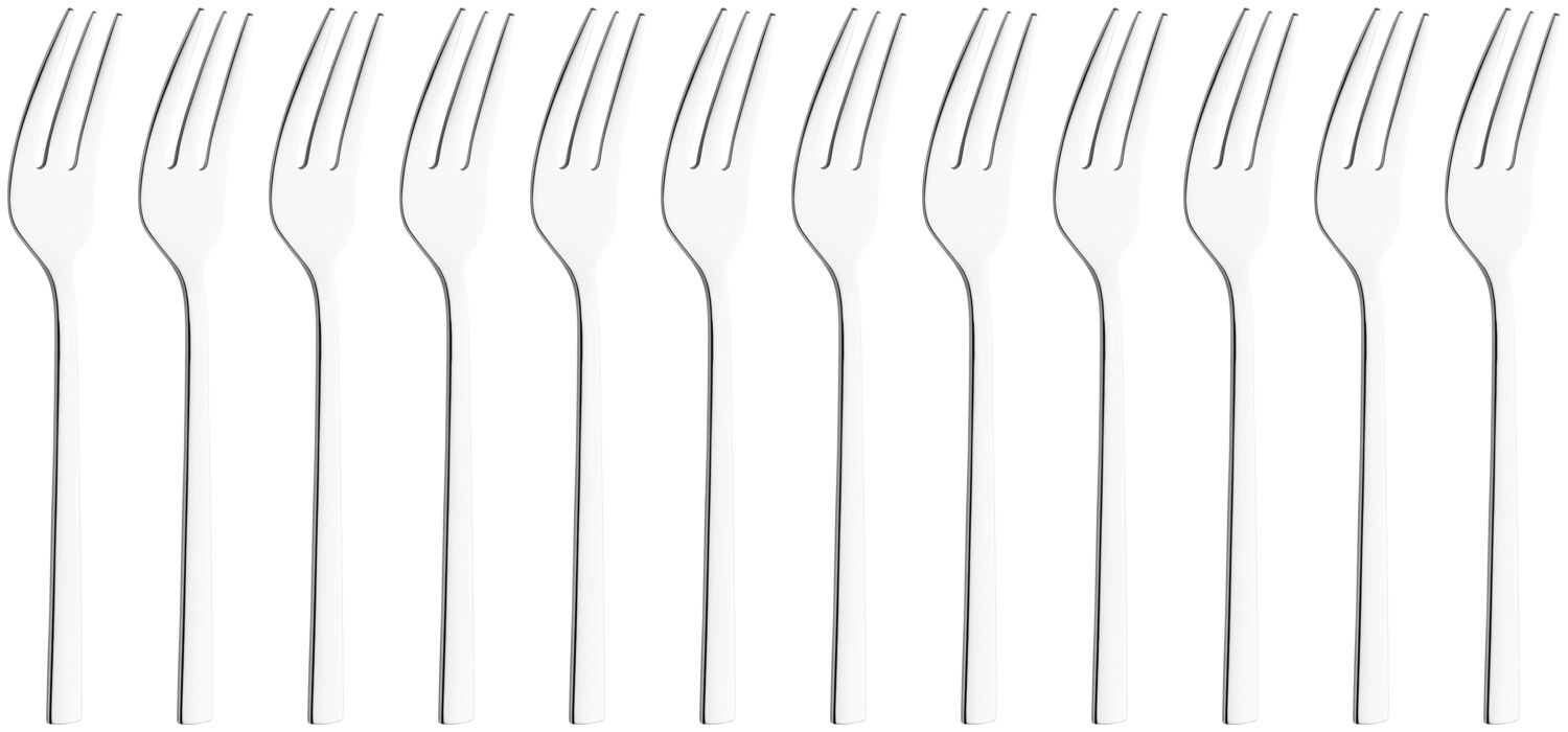 Set de 12 furculite de tort Pulsiva Taranto, otel inoxidabil 18/10, finisaj oglindit, rezistente la rugina, 15 cm, argintii