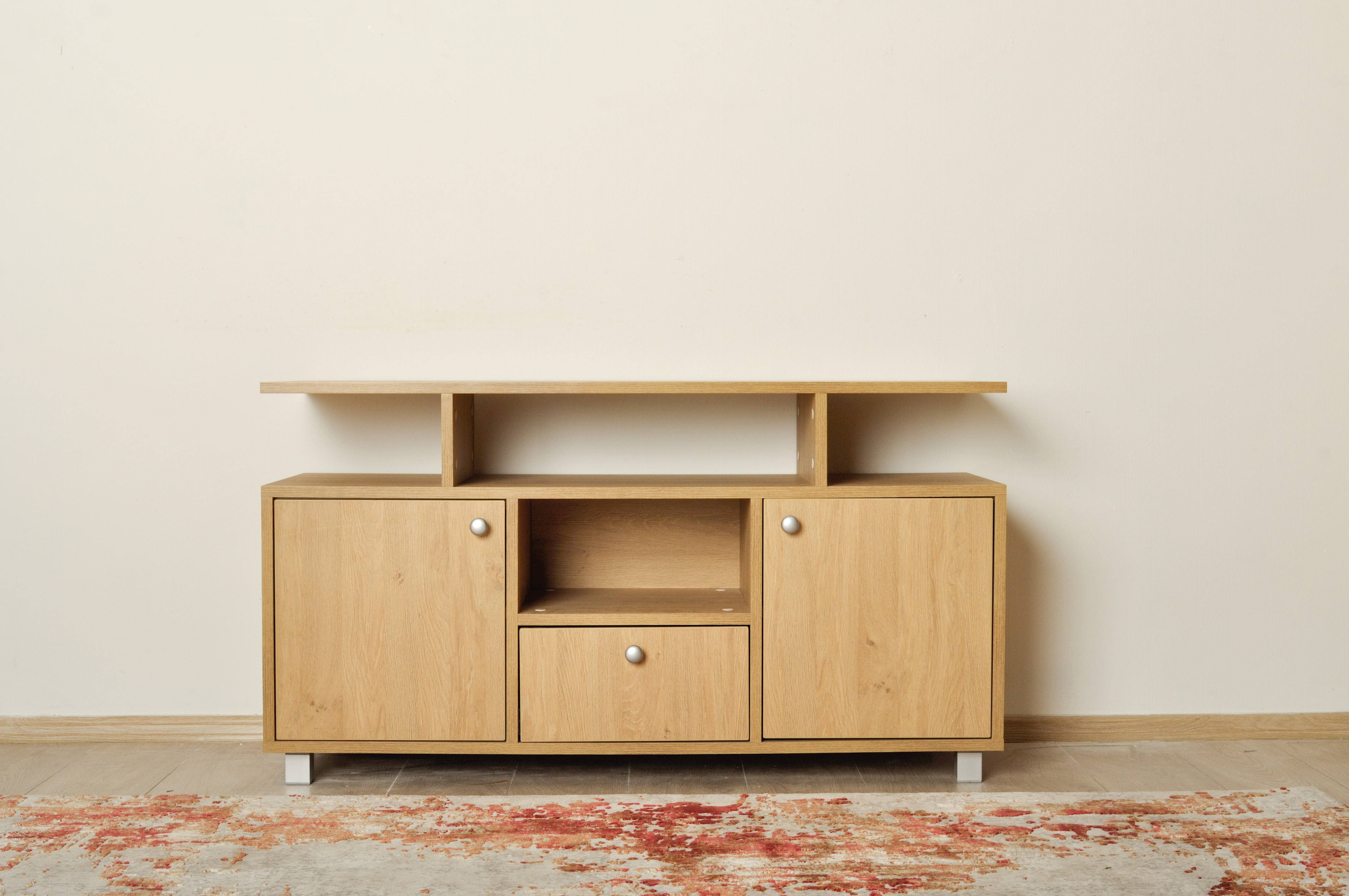 Fabrik Home FOREVER TV Stand, Laminated PAL 18mm, Stejar Pietros, Minimalist Style, 2 Drawers with Ball-Bearing Slides, Open Shelf, Side Cabinets