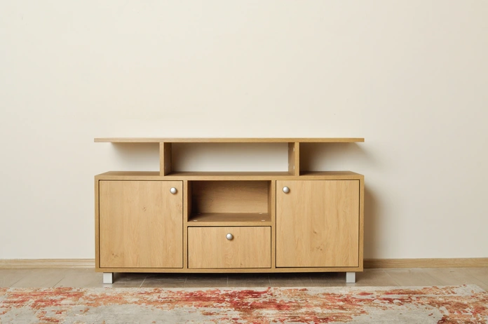 Fabrik Home FOREVER TV Stand, Laminated PAL 18mm, Stejar Pietros, Minimalist Style, 2 Drawers with Ball-Bearing Slides, Open Shelf, Side Cabinets