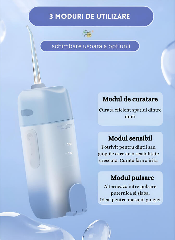 Aparat de curatare electrica a dentelor Bomstom, Design Compact Pliabil Telescopic, Rezervor 200ml, 3 Moduri de Curatare, IPX7, Set de 4 Duze