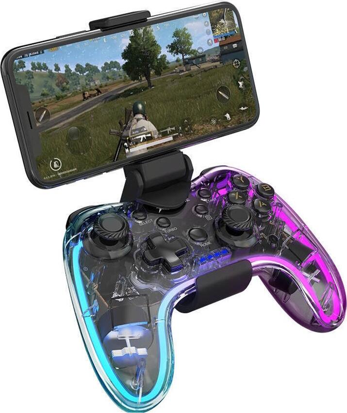 Gamepad Wireless Xtrike Me GP-52 cu iluminare RGB, Force Feedback, Baterie 800mAh, pentru Android, iOS, PC, PS3, PS4, Nintendo Switch, cu suport telefon