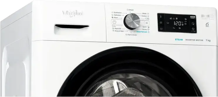 Whirlpool FFB 7469 BV EE Front-Load Washing Machine, 7 kg Capacity, 1400 rpm Spin Speed, Inverter Motor, Steam Cleaning, Energy Class A, White/Black