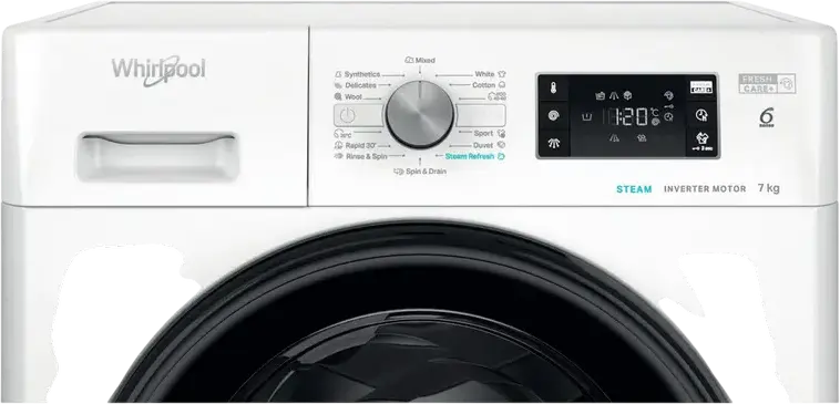 Whirlpool FFB 7469 BV EE Front-Load Washing Machine, 7 kg Capacity, 1400 rpm Spin Speed, Inverter Motor, Steam Cleaning, Energy Class A, White/Black