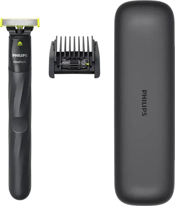 Trimmer Hibrid Philips OneBlade QP1424/65 pentru Barbati, Ras, Tundere si Conturare, Lama Otel Inoxidabil, 5 Setari Lungime, Incarcare USB, Rezistent la Apa