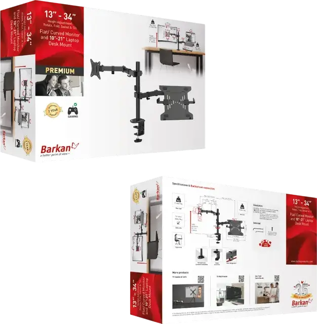 Suport de birou Barkan M141LT pentru 1 monitor 13-34 inch si 1 laptop pana la 17.3 inch, VESA 75x75 100x100, Rotire Inclinare Pivotare, Otel Negru