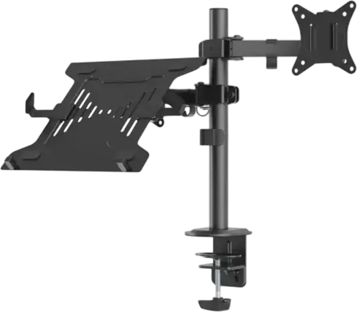 Barkan M141LT Dual Desk Mount for 1 Monitor 13-34 inch and 1 Laptop up to 17.3 inch, VESA 75x75 100x100, Rotate Tilt Swivel, Black Steel
