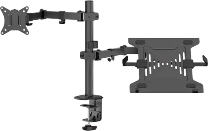 Barkan M141LT Dual Desk Mount for 1 Monitor 13-34 inch and 1 Laptop up to 17.3 inch, VESA 75x75 100x100, Rotate Tilt Swivel, Black Steel