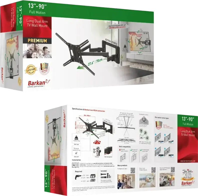 Suport de perete cu mișcare completă Barkan BM564L pentru TV 55"-100", Capacitate Max 70kg, VESA până la 850x400mm, Extensie 70cm, Negru