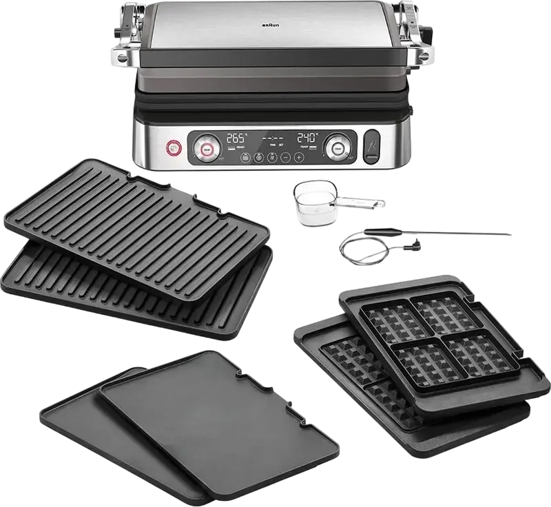 Gril Electric Braun MultiGrill 9 Pro CG 9167, 2200W, 37x23cm, Display LCD, 2 Zone Independente, Set de 7 Piese cu 6 Place si Sonda Termica
