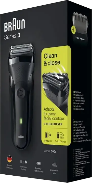 Aparat de ras electric Braun Series 3 300s cu sita, Cap 3D 3-Flex, Utilizare Uscat si Umed, Impermeabil, Trimer integrat, Baterie Ni-MH, Negru