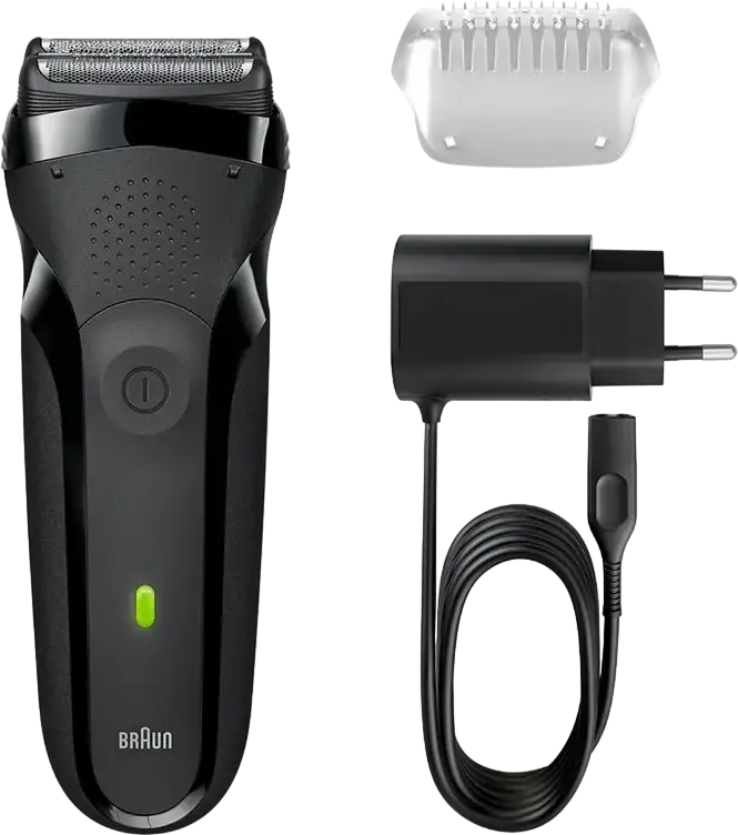 Aparat de ras electric Braun Series 3 300s cu sita, Cap 3D 3-Flex, Utilizare Uscat si Umed, Impermeabil, Trimer integrat, Baterie Ni-MH, Negru