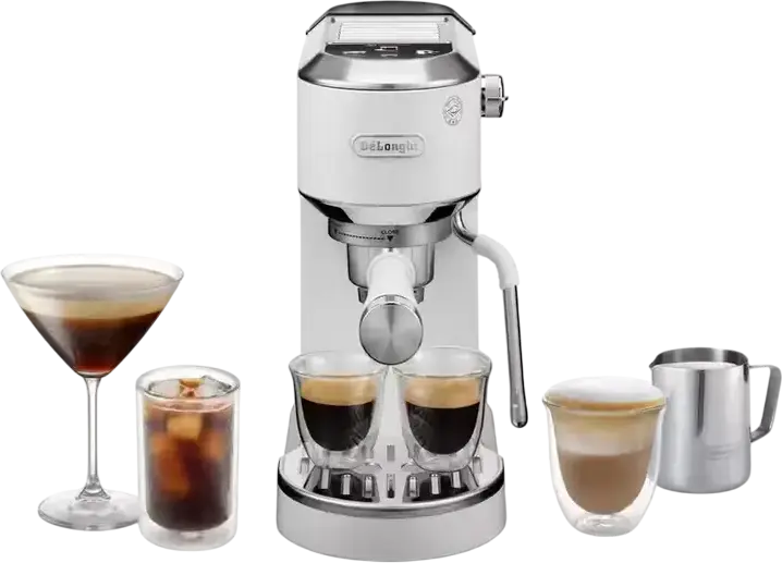 DeLonghi Dedica Duo EC890 Manual Espresso Machine, 1450W, 15 Bar, 1.1L Tank, Cold Extraction Technology, LED Display, White, Set of 8 Pieces
