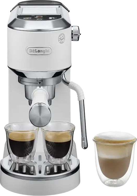 DeLonghi Dedica Duo EC890 Manual Espresso Machine, 1450W, 15 Bar, 1.1L Tank, Cold Extraction Technology, LED Display, White, Set of 8 Pieces