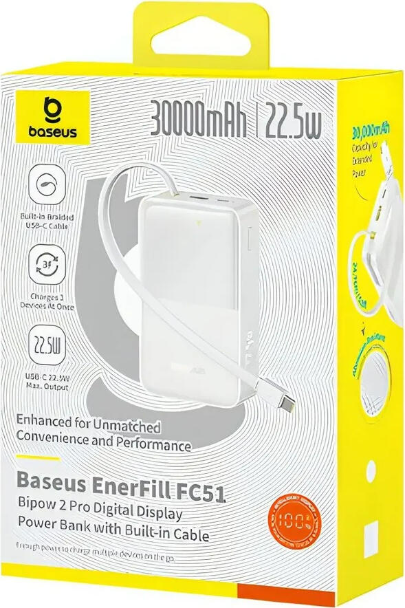 Power Bank Baseus Bipow 2 Pro EnerFill FC51 22.5W Incarcare Rapida, Cablu USB-C Impletit Integrat, Display Digital LED, PD QC SCP, 30000mAh, Alb