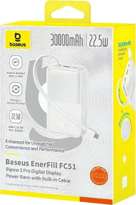 Power Bank Baseus Bipow 2 Pro EnerFill FC51 22.5W Incarcare Rapida, Cablu USB-C Impletit Integrat, Display Digital LED, PD QC SCP, 30000mAh, Alb