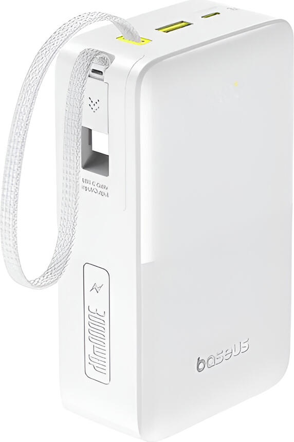 Power Bank Baseus Bipow 2 Pro EnerFill FC51 22.5W Incarcare Rapida, Cablu USB-C Impletit Integrat, Display Digital LED, PD QC SCP, 30000mAh, Alb