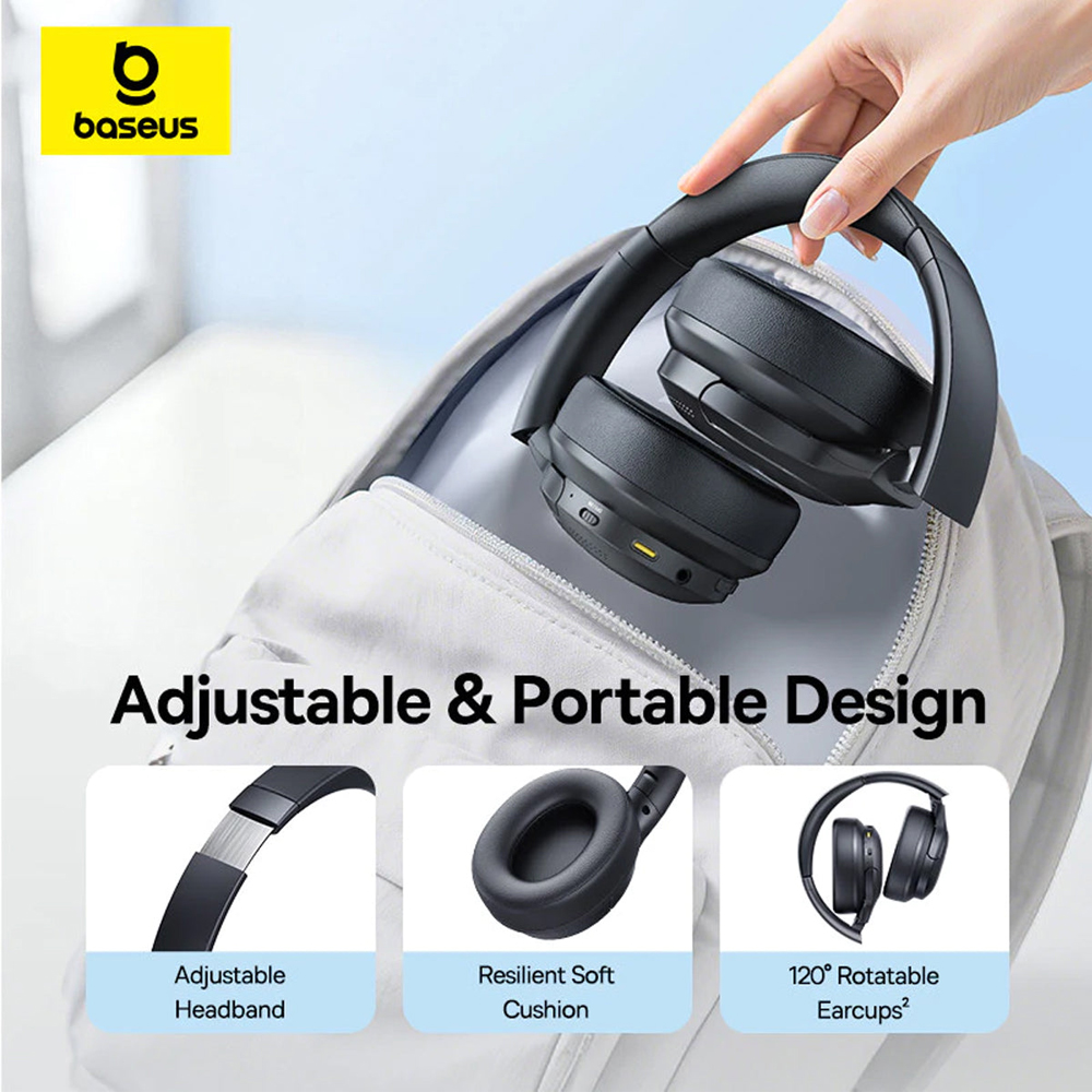 Baseus BH1 Lite A0203C Wireless Over-Ear Headphones, 80h Battery, Bluetooth v6.0, 40mm Dynamic Drivers, SuperBass 2.0, AI ENC, Foldable, Cosmic Black