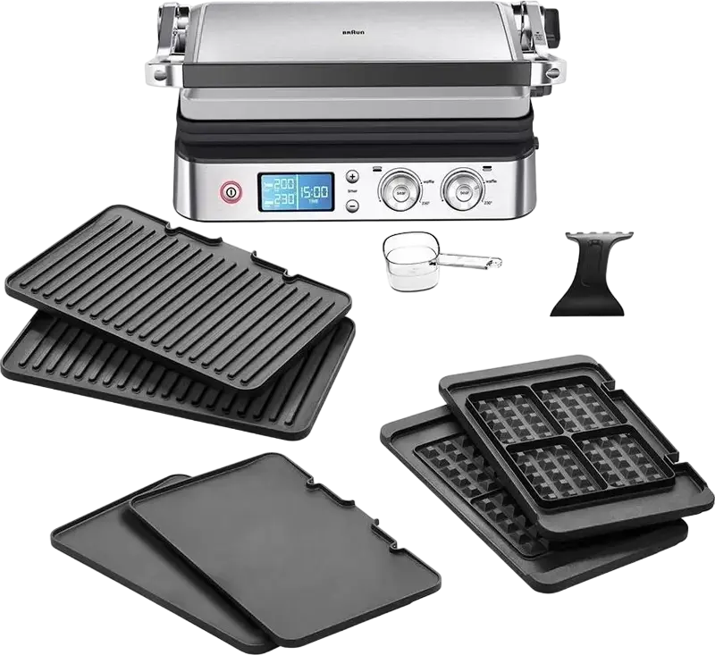 Gril Electric de Contact Braun MultiGrill 9 CG 9047, 2000W, Display LED, Functie Sear, Set de 3 Placi Detasabile Non-stick (Gril, Gofruri, Plate), Negru/Oțel
