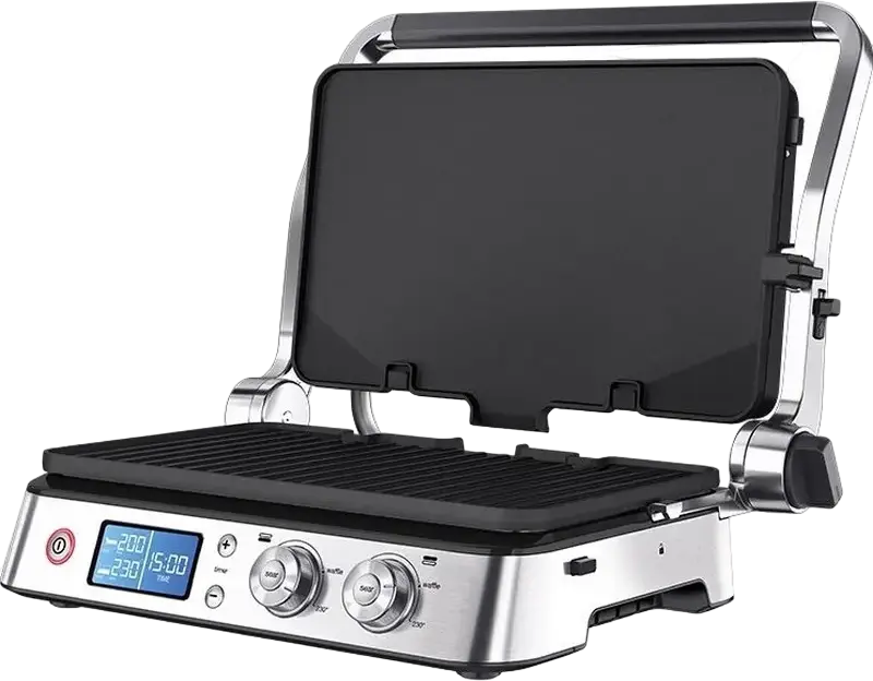 Gril Electric de Contact Braun MultiGrill 9 CG 9047, 2000W, Display LED, Functie Sear, Set de 3 Placi Detasabile Non-stick (Gril, Gofruri, Plate), Negru/Oțel