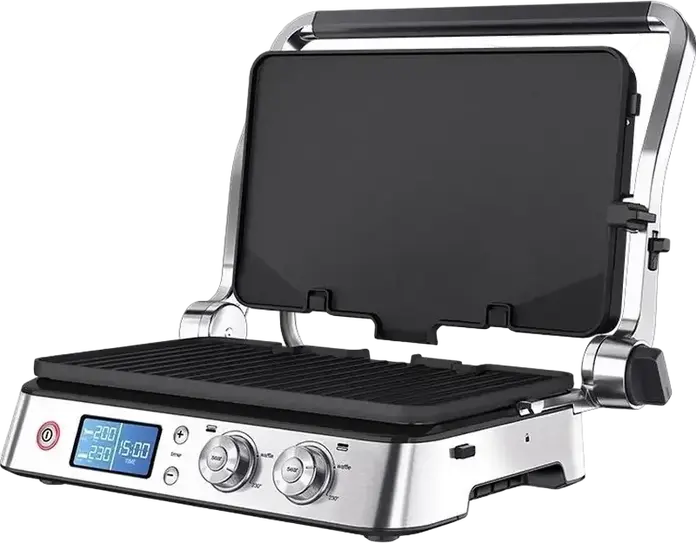 Gril Electric de Contact Braun MultiGrill 9 CG 9047, 2000W, Display LED, Functie Sear, Set de 3 Placi Detasabile Non-stick (Gril, Gofruri, Plate), Negru/Oțel