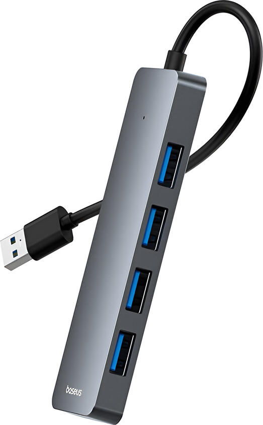Hub USB Baseus UltraJoy 4-in-1, 4 Porturi USB-A 3.0, Viteza de Transfer 5 Gbit/s, Carcasa din Aluminiu, Gri Space Grey, Cip Independent per Port, Cablu 15 cm