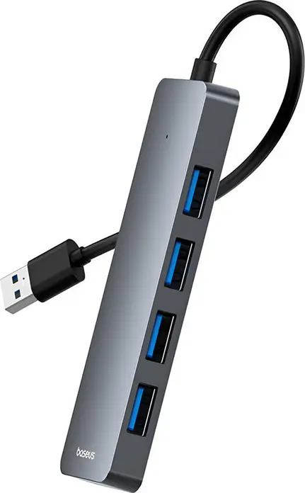 Hub USB Baseus UltraJoy 4-in-1, 4 Porturi USB-A 3.0, Viteza de Transfer 5 Gbit/s, Carcasa din Aluminiu, Gri Space Grey, Cip Independent per Port, Cablu 15 cm