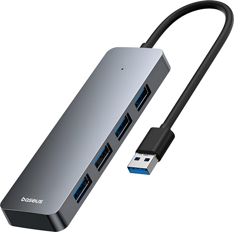 Hub USB Baseus UltraJoy 4-in-1, 4 Porturi USB-A 3.0, Viteza de Transfer 5 Gbit/s, Carcasa din Aluminiu, Gri Space Grey, Cip Independent per Port, Cablu 15 cm