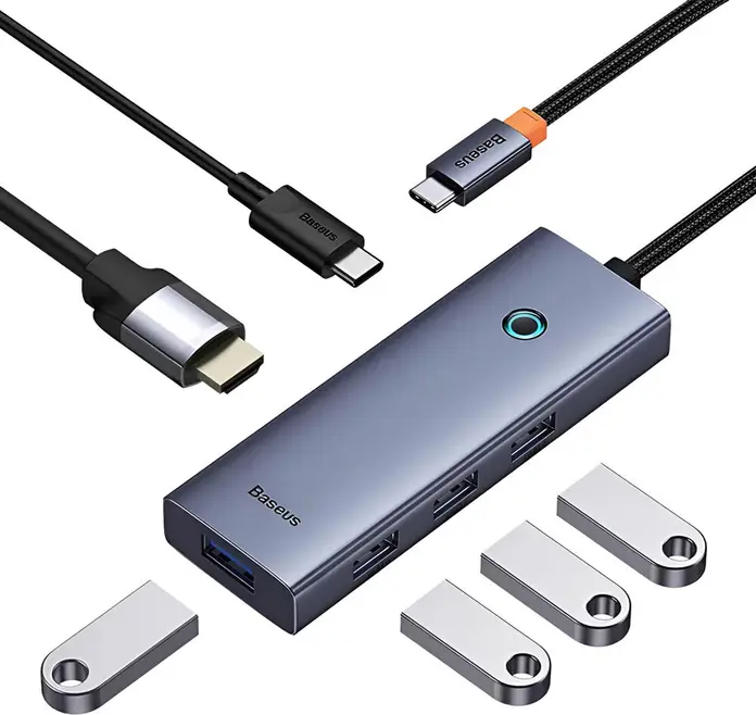 USB-C концентратор Baseus UltraJoy Series 6-в-1, HDMI 4K 60Гц, 4x USB 3.0 5Гбит/с, PD 100Вт, алюминий, Space Gray, набор из 5 предметов с 4 клипсами