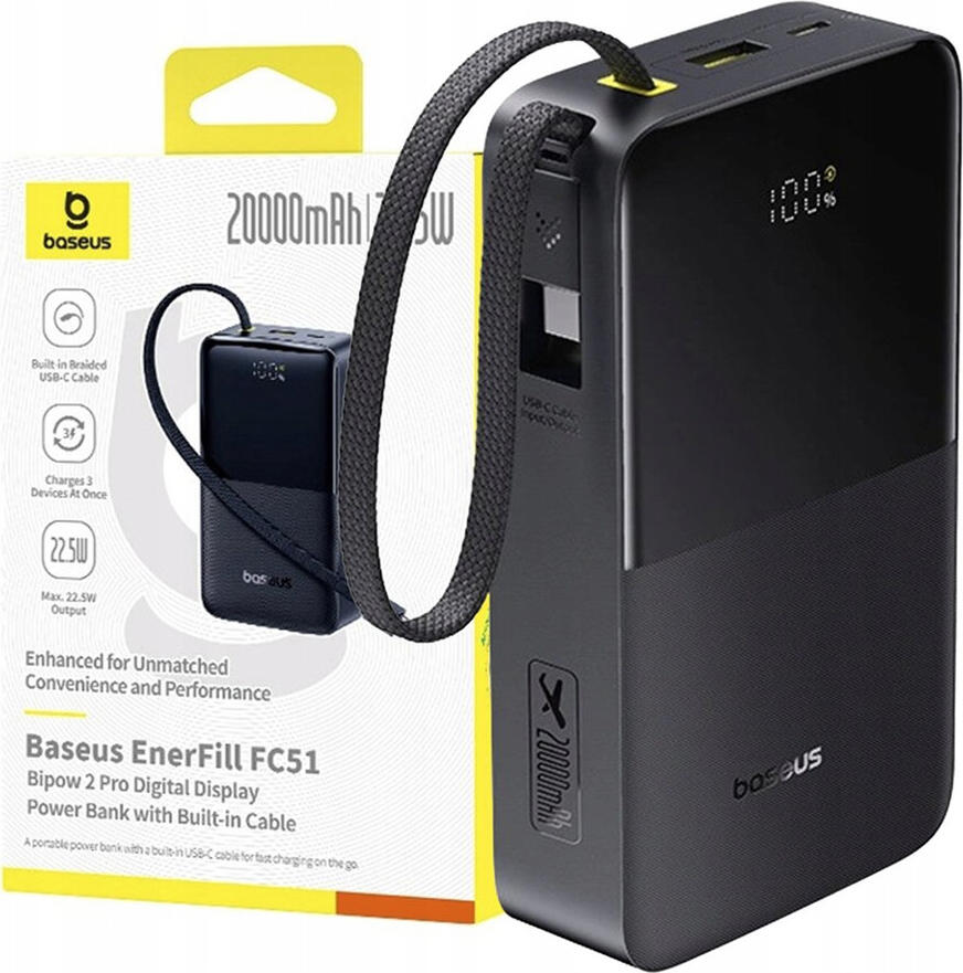 Baseus EnerFill FC51 Bipow 2 Pro Power Bank 20000mAh 22.5W Fast Charging with Built-in USB-C Cable LED Digital Display PD QC 3.0 Cosmic Black